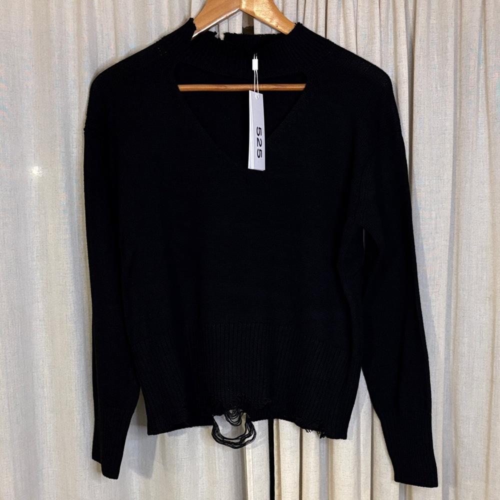 Black V-Neck Distressed Sweater